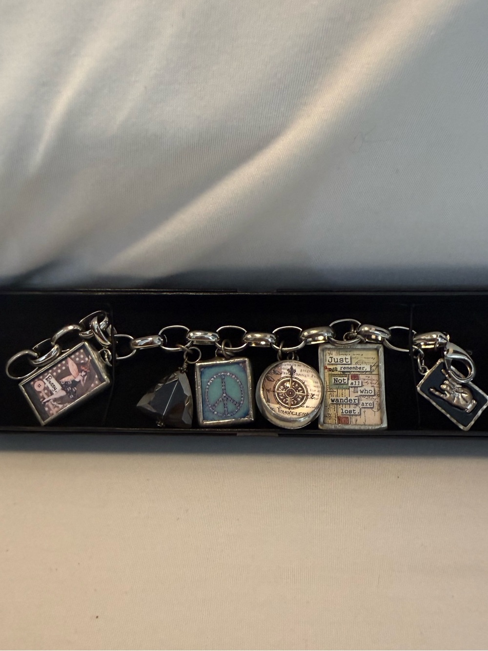 EUC Handmade Chunky Silver Charm Bracelet w/Peace/Women’s Empowerment Charms